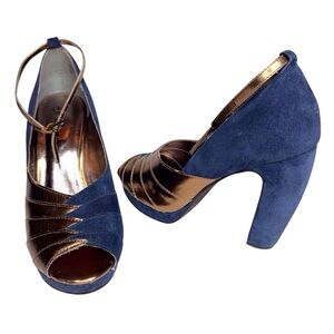 Seychelles x Corey Lynn Calter Come Get Me Platform Peep Toe Pumps Blue Copper